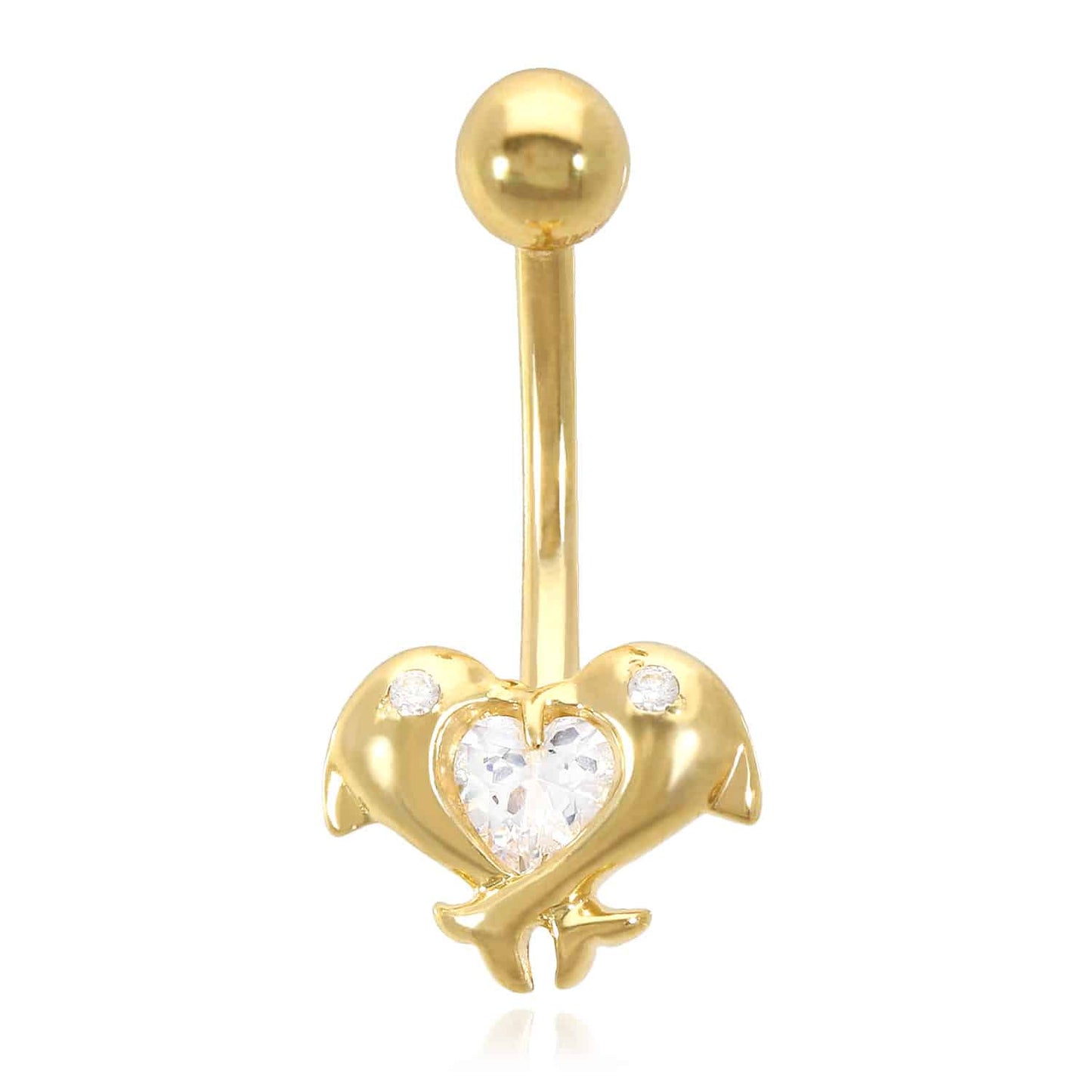14K Gold Yellow White Created Diamond Dolphins Navel Belly Button Ring