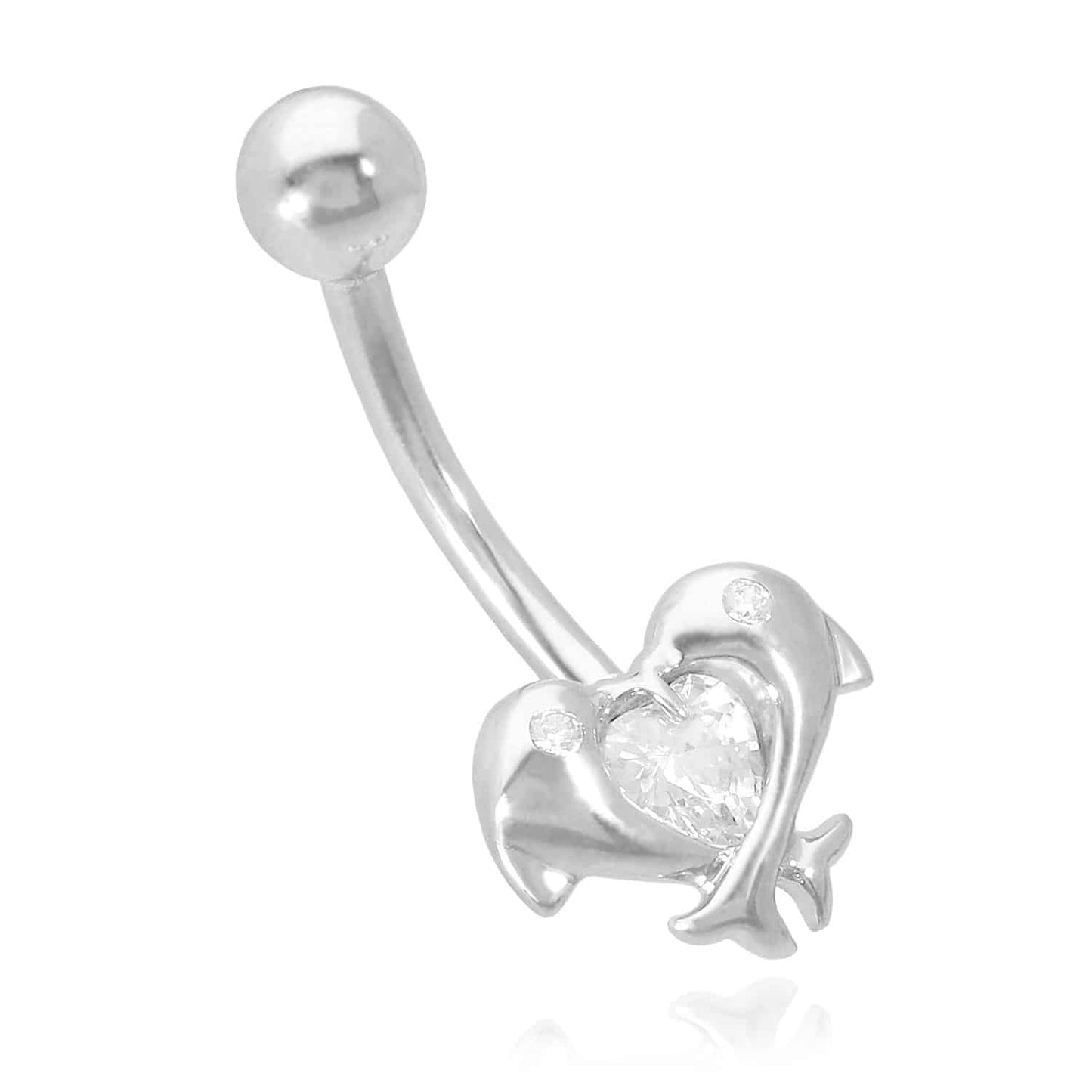 14K Gold Yellow White Created Diamond Dolphins Navel Belly Button Ring