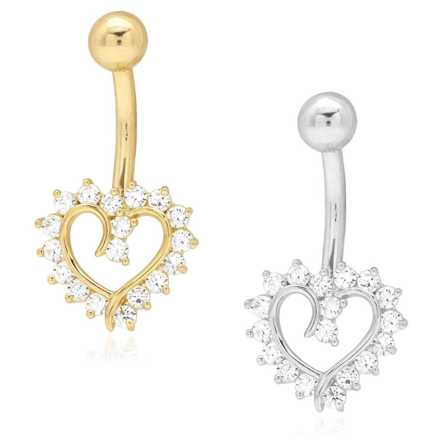 14K Real Gold White CZ Open Heart Belly Button Navel Ring