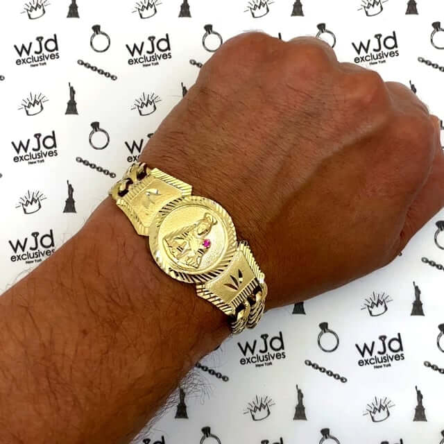 14K Gold Yellow With Ruby Saint Barbara Double Solid Miami Bracelet 9"