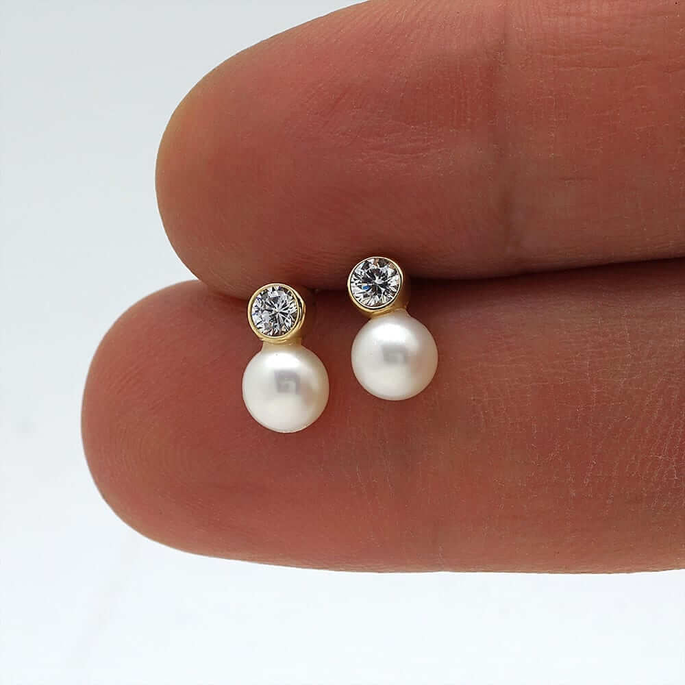 14k Yellow Gold White Gold Cultured Pearl CZ Screw Back Earrings