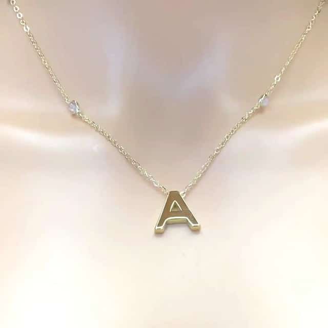 14K Yellow Gold Initial Charm Pendant Cable CZ Station Chain Necklace 17-18"