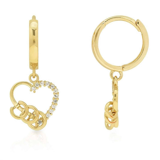 14k yellow gold heart dangle huggie earrings with 0.30Ct diamond