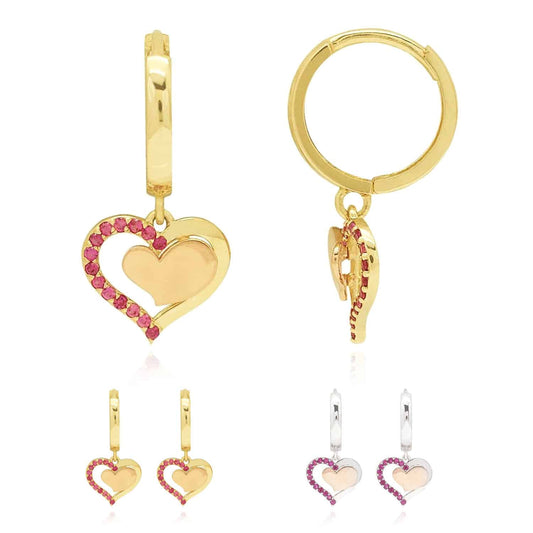 14K Yellow White Gold Double Heart Simulated Ruby Huggie Hoop Dangle Earrings