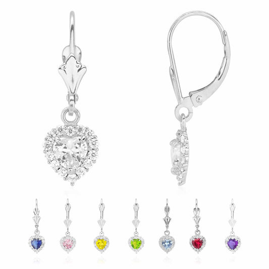 14K White Gold Halo Heart Birthstone Dangle Leverback Earrings