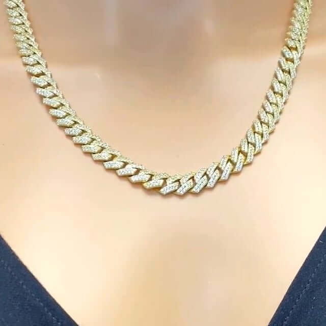 Gold Over Silver CZ Pave 8.5mm Edge Miami Chain Necklace 16-24"