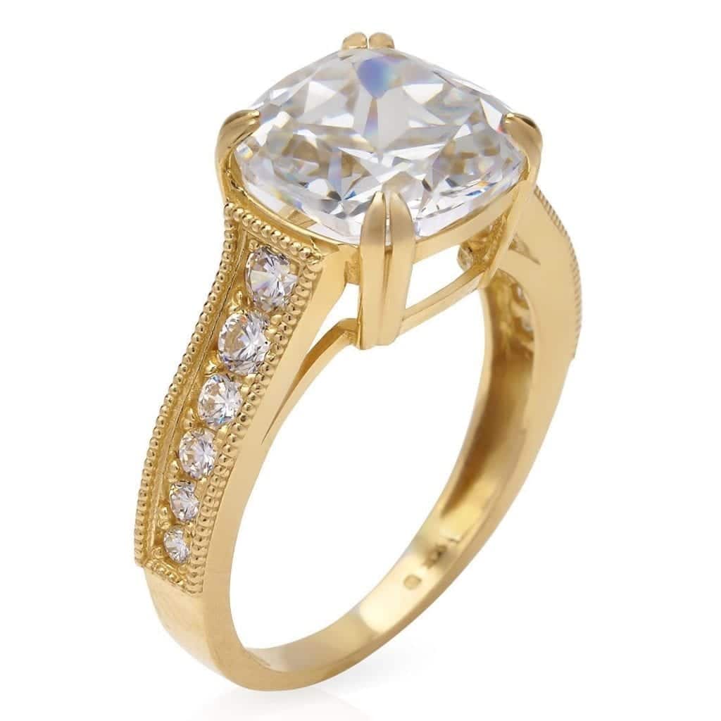 14k Gold Yellow Cushion-Cut Simulated Gems Solitaire Engagement Ring