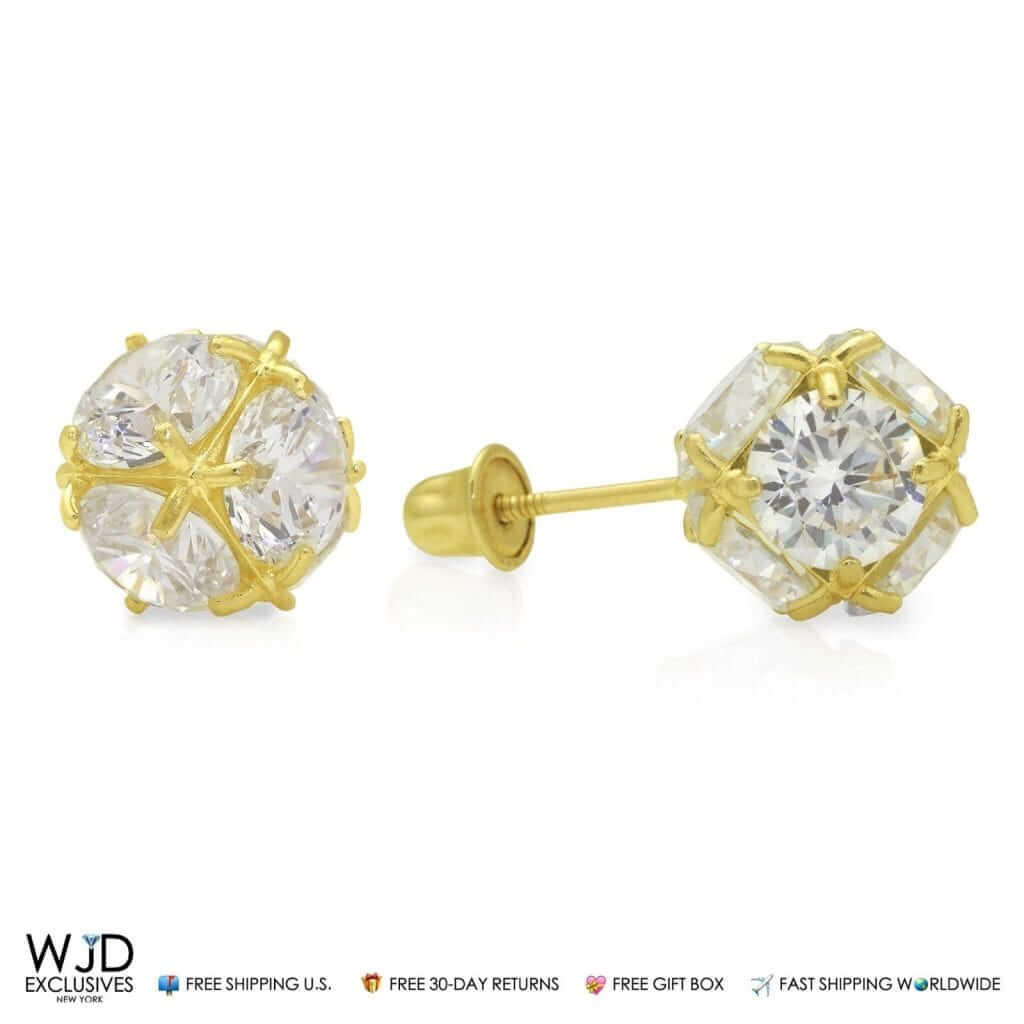 14K Yellow Gold 5Ct CZ Ball Screw Back Stud Earrings 9mm