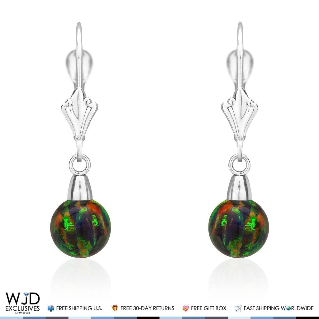 6 mm Ball Shaped Black Fire Opal Dangle Leverback Earrings 14K Solid White Gold