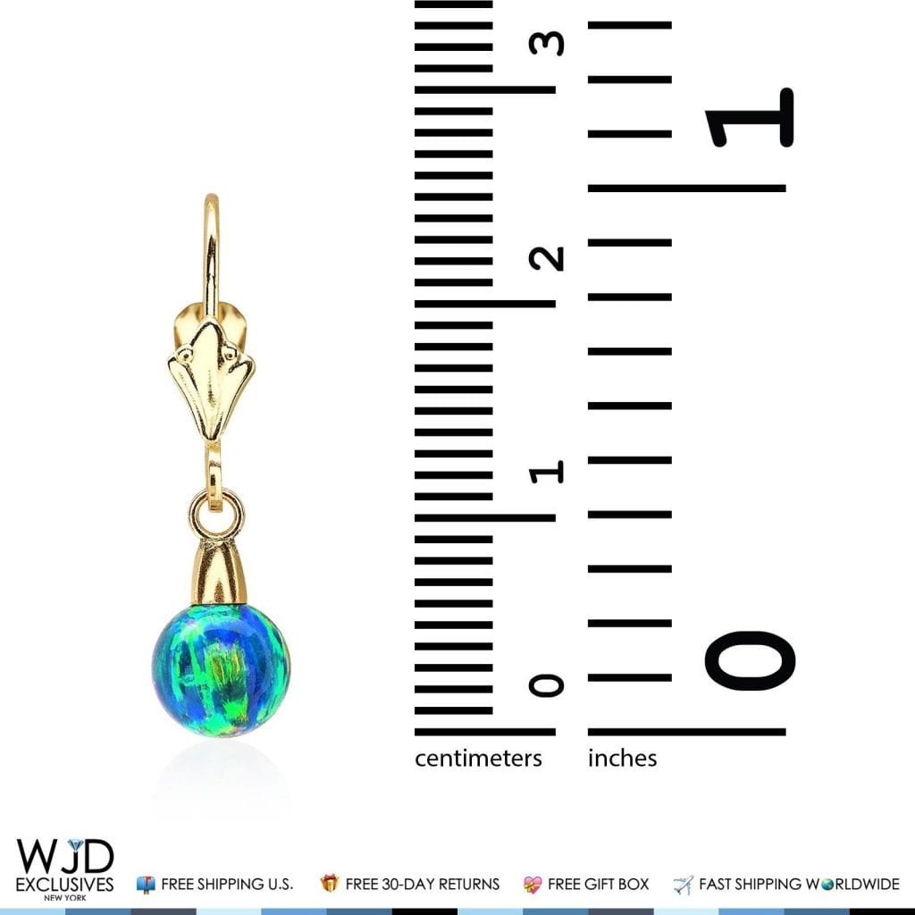 6 mm Ball Shaped Blue Green Fire Opal Leverback Dangle Earrings 14K Yellow Gold