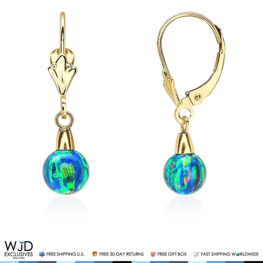 6mm Ball Shaped Blue Green Fire Opal Leverback Dangle Earrings 14K Yellow Gold