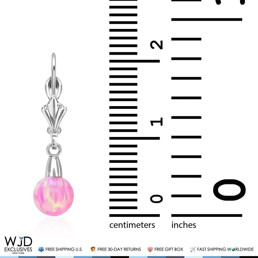 6mm-10mm Ball Shaped Pink Fire Opal Leverback Dangle Earrings 14K White Gold