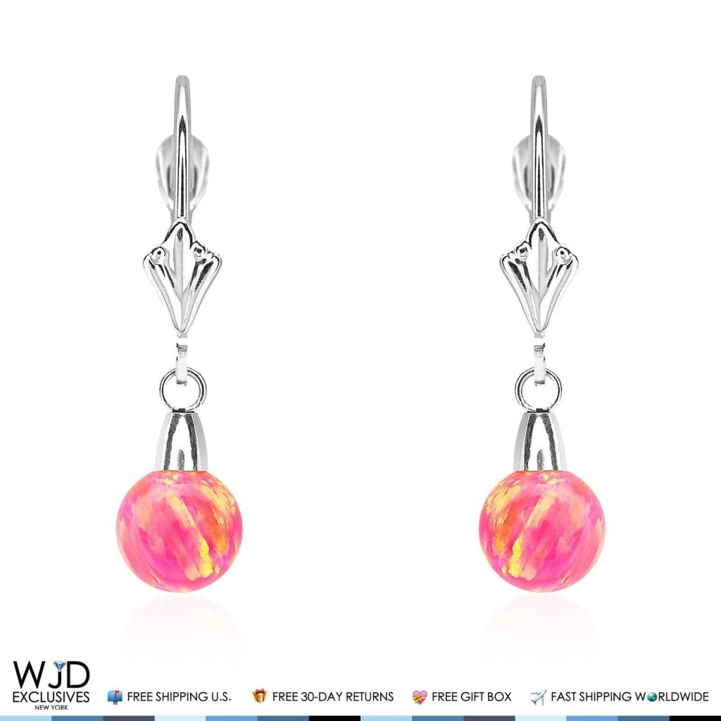 6mm-10mm Ball Peach Pink Fire Opal Leverback Dangle Earrings 14K White Gold