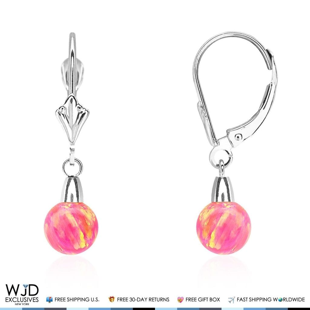 6mm-10mm Ball Peach Pink Fire Opal Leverback Dangle Earrings 14K White Gold
