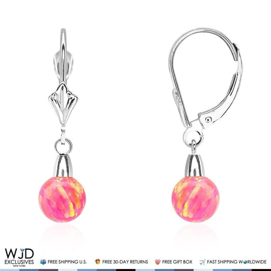 6mm-10mm Ball Peach Pink Fire Opal Leverback Dangle Earrings 14K White Gold