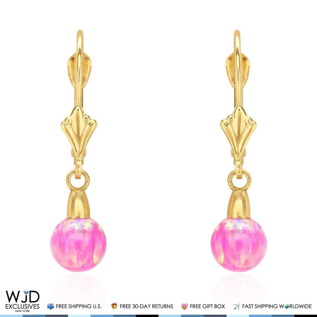 6mm-10mm Ball Shaped Pink Fire Opal Leverback Dangle Earrings 14K Yellow Gold