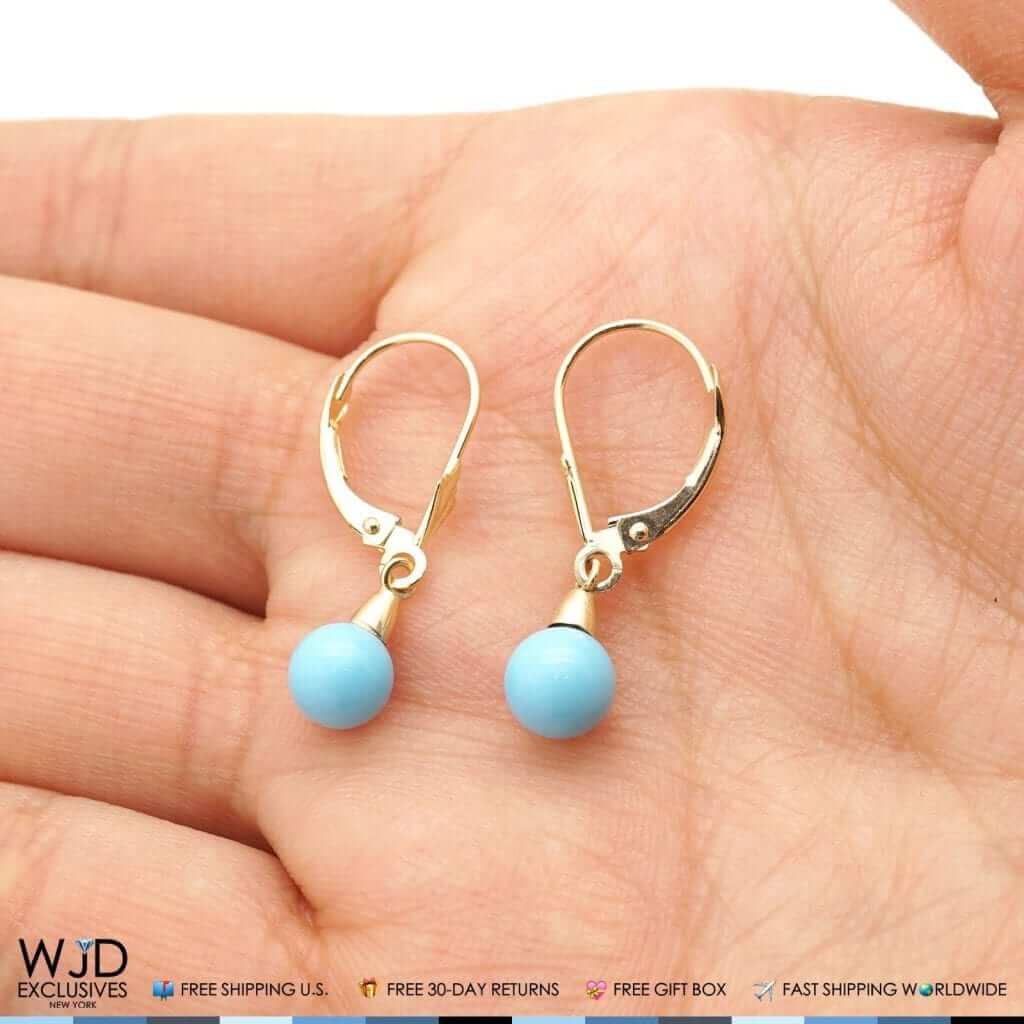14k Yellow Gold Sky Blue Turquoise Ball Drop Leverback Earrings 6mm-10mm