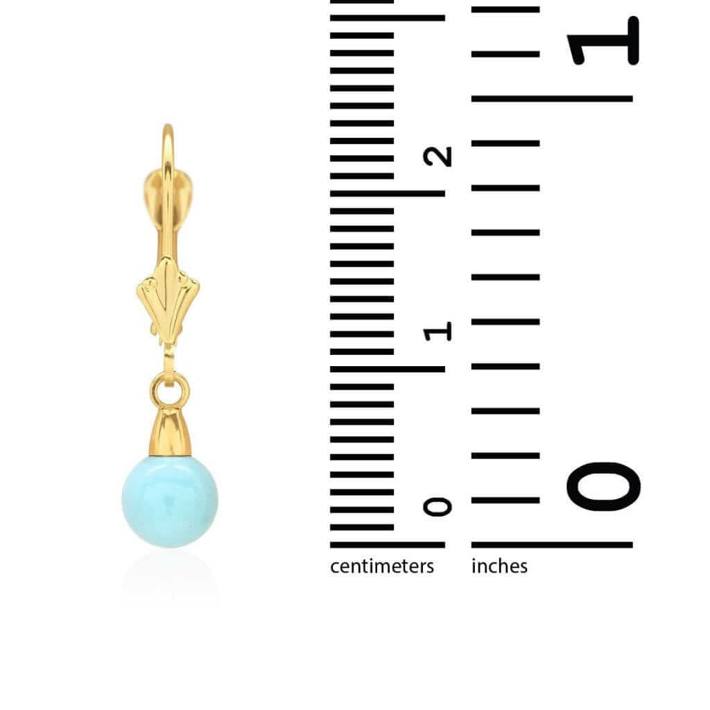 14k Yellow Gold Sky Blue Turquoise Ball Drop Leverback Earrings 6mm-10mm