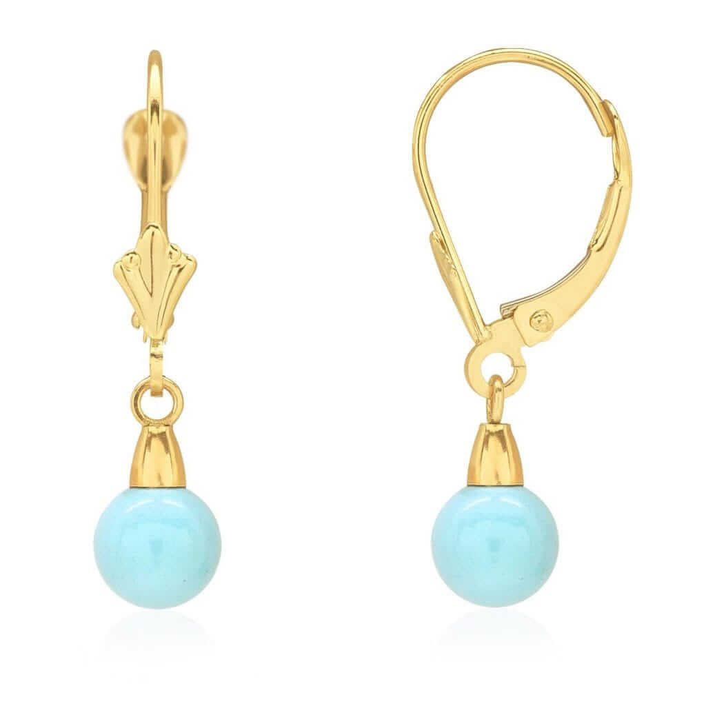 14k Yellow Gold Sky Blue Turquoise Ball Drop Leverback Earrings 6mm-10mm