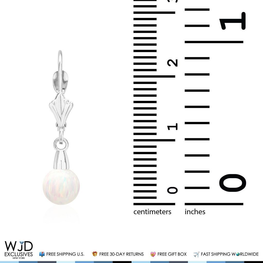 14K White Gold Ball White Fire Opal Leverback Dangle Earrings 6mm