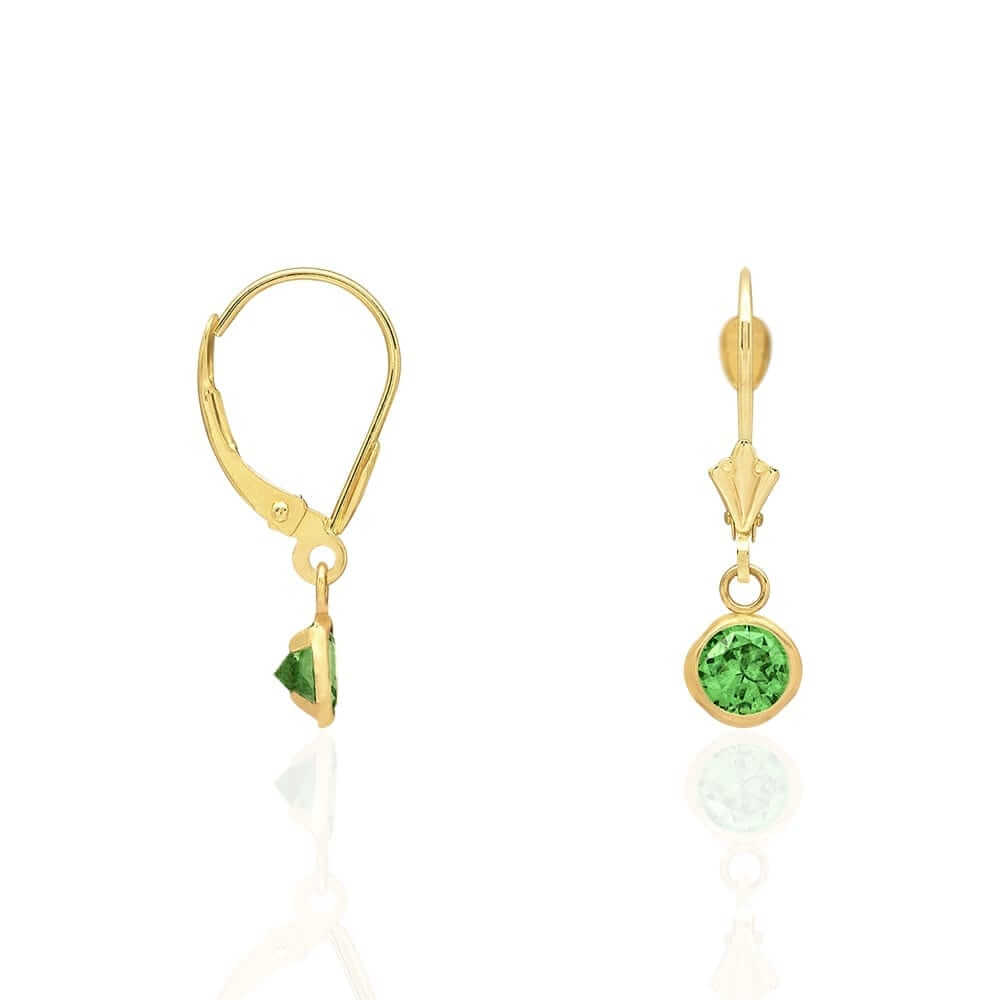 14k Yellow Gold Round Bezel Birthstone Drop Leverback Earrings