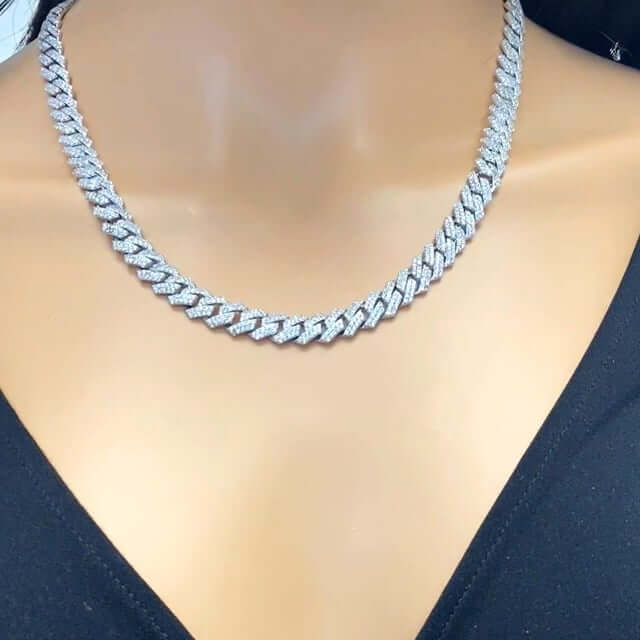 18K White Gold Over Silver CZ Pave 8.5mm Edge Miami Chain 16"-24"