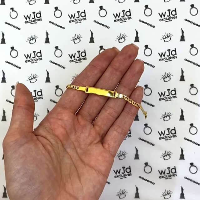 Kids 14K Yellow Gold Over Sterling Silver 3.5mm Anchor Mariner Engravable ID Bar Bracelet (Solid Links) 6"
