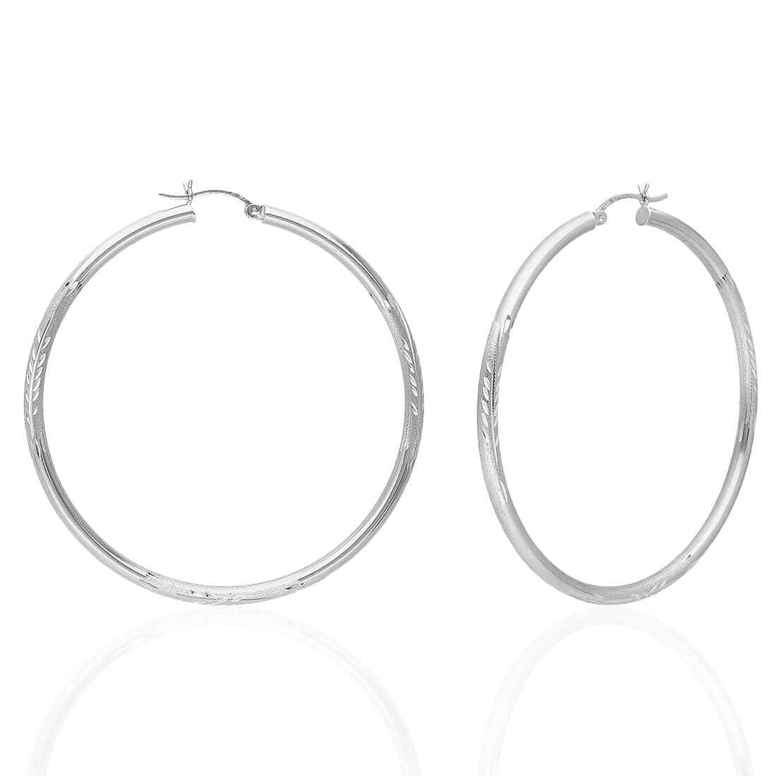 14K Solid Yellow & White Gold 3mm Diamond-Cut Finish Hoop Earrings 19-75mm