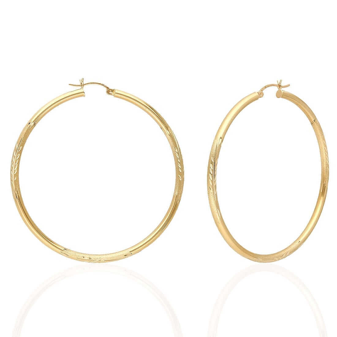 14K Solid Yellow & White Gold 3mm Diamond-Cut Finish Hoop Earrings 19-75mm