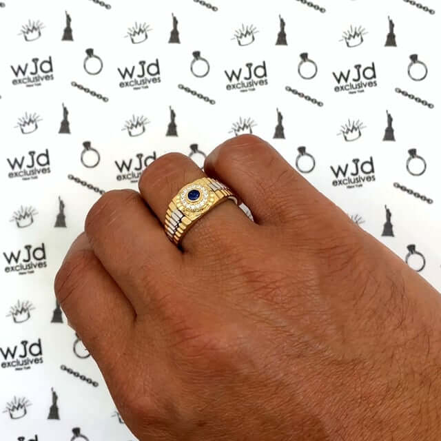 14K Gold Blue Sapphire and CZ Jubilee Signet Ring