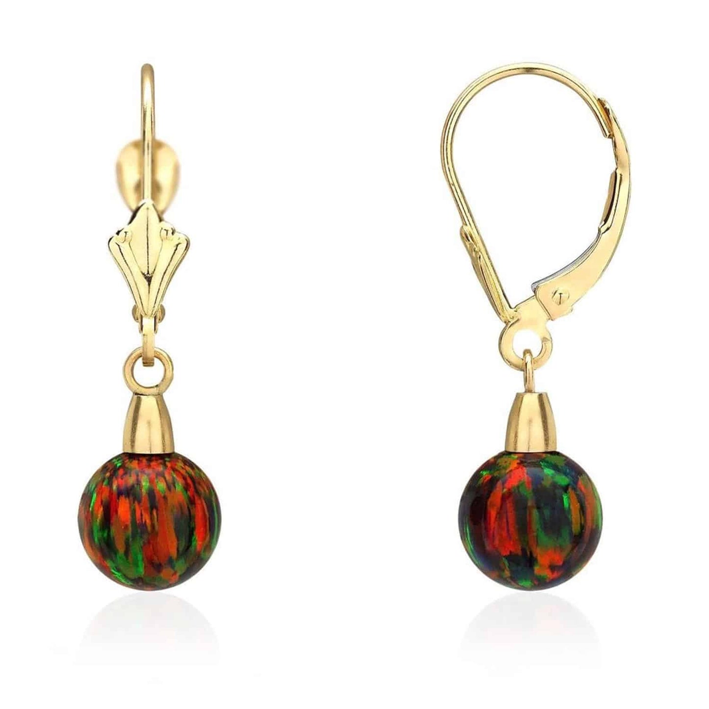 6mm-10mm Ball Shaped Black Fire Opal Dangle Leverback Earrings 14K Yellow Gold