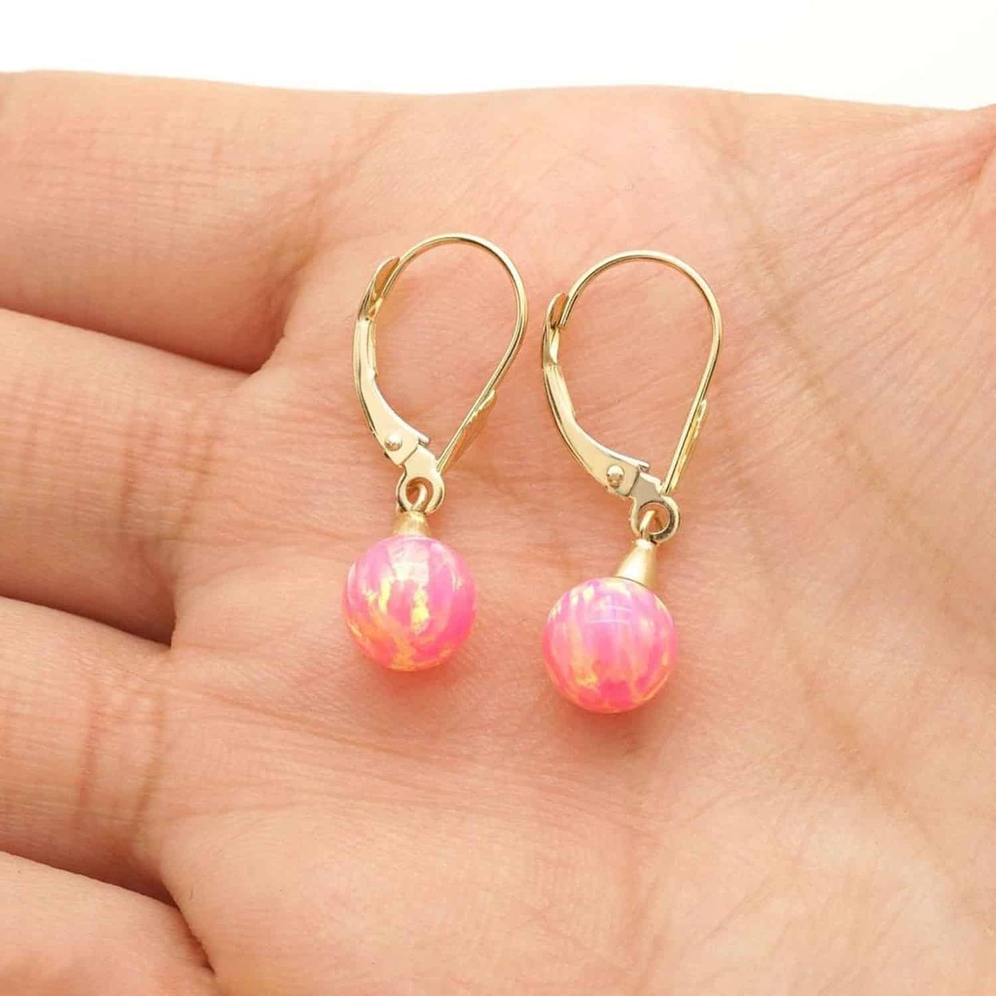 14K Yellow Gold 6mm-10mm Ball Peach Pink Fire Opal Leverback Dangle Earrings