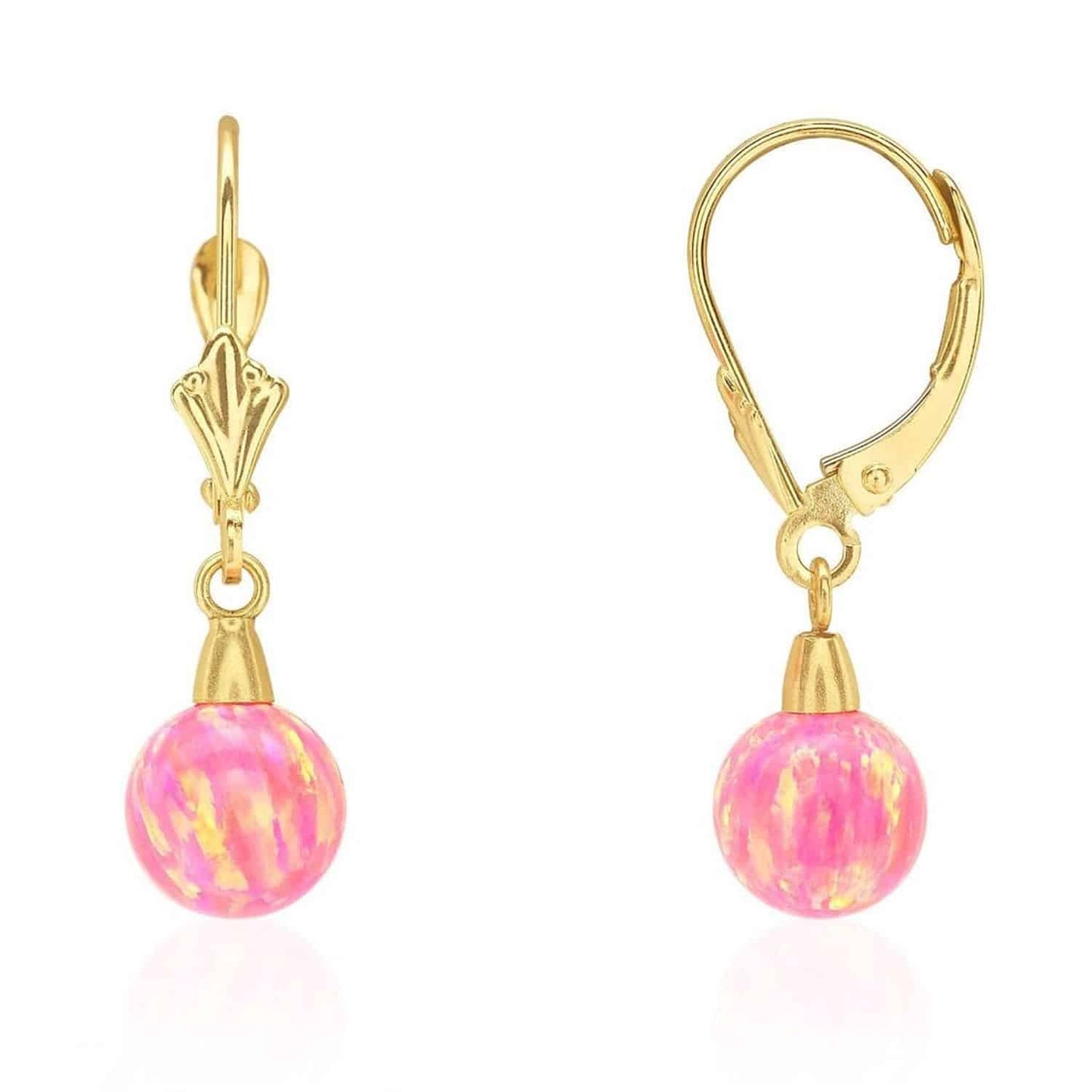 14K Yellow Gold 6mm-10mm Ball Peach Pink Fire Opal Leverback Dangle Earrings