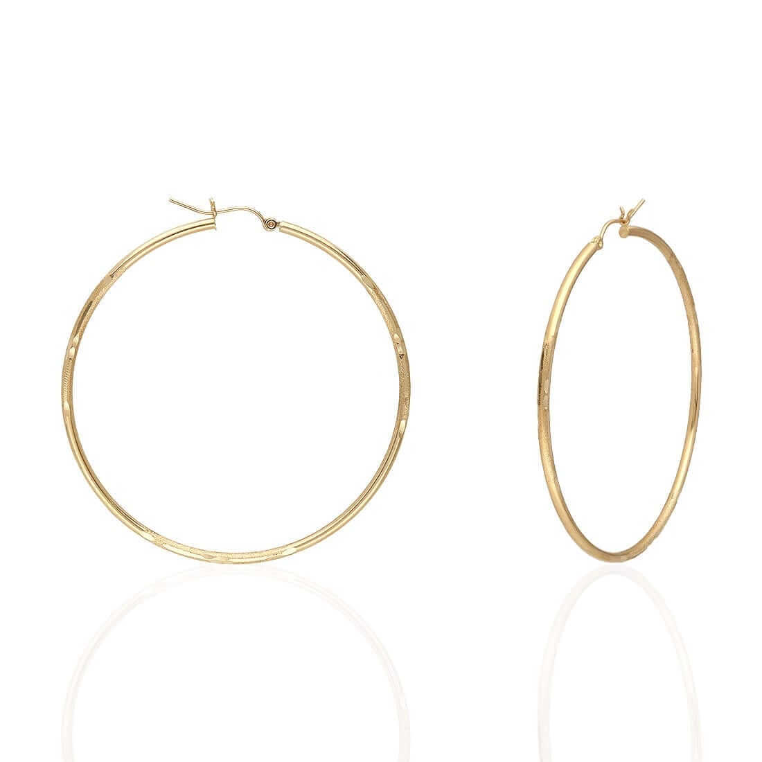 14K Yellow Gold 2mm Diamond-Cut Round Hoop Earrings 22-76mm