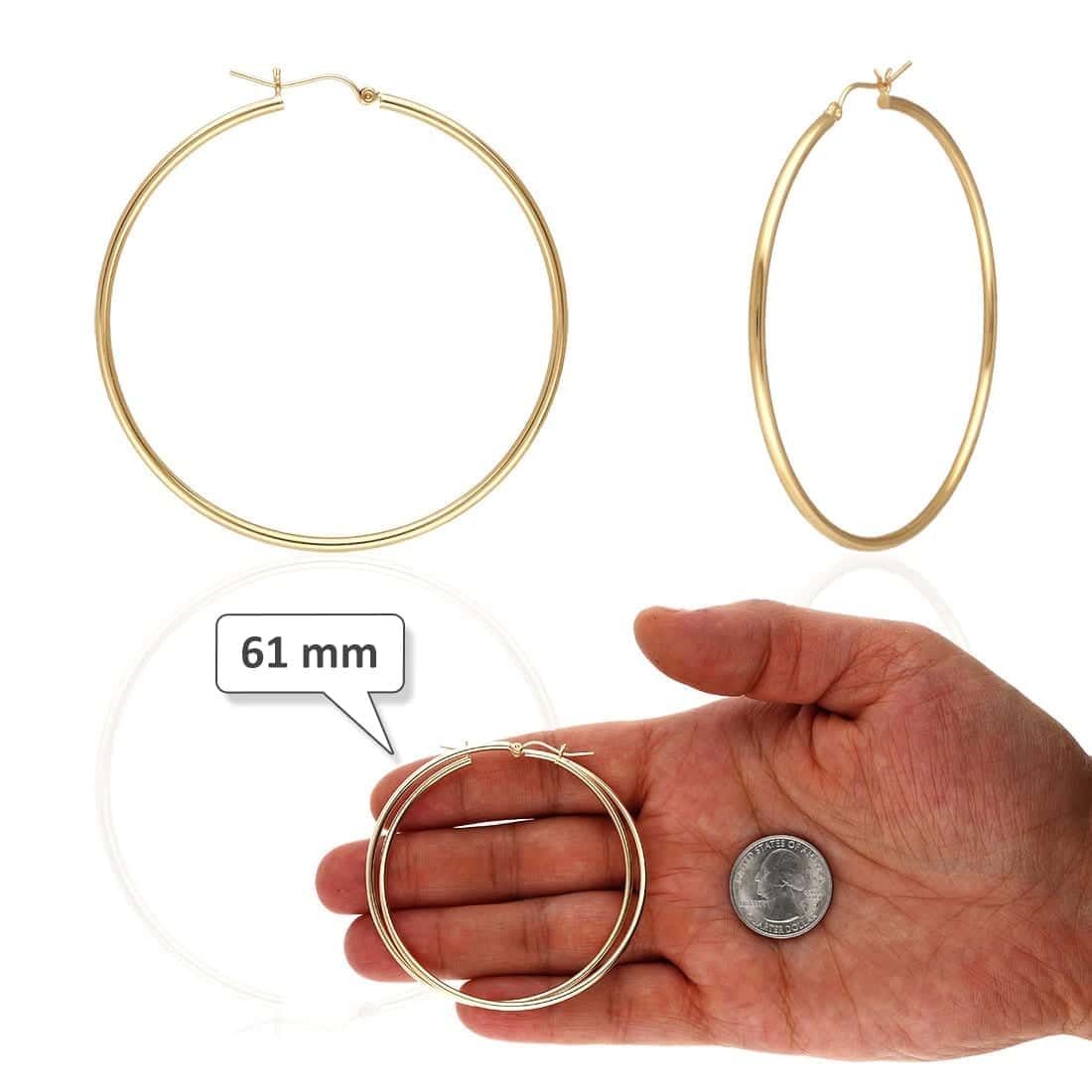 14K Yellow White Gold 2mm Round Hoop Earrings 22mm-76mm