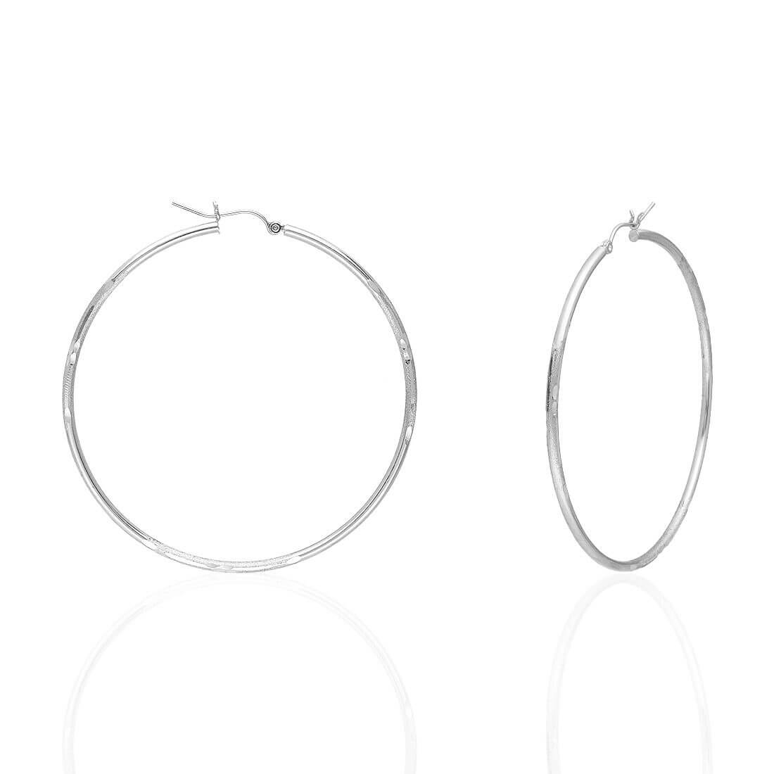 14K White Gold 2mm Diamond-Cut Round Hoop Earrings 22-76mm