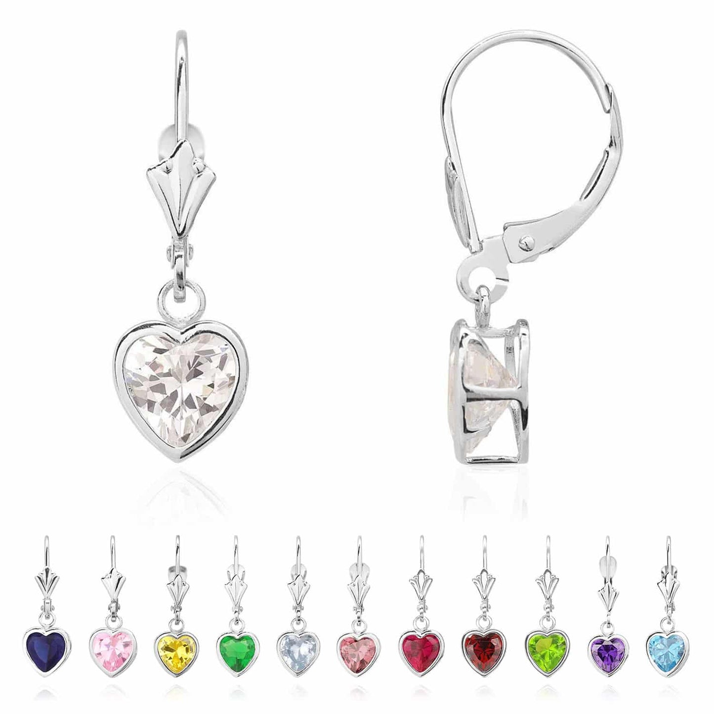14K White Gold 7mm Bezel Heart Shaped Birthstone Leverback Dangle Earrings
