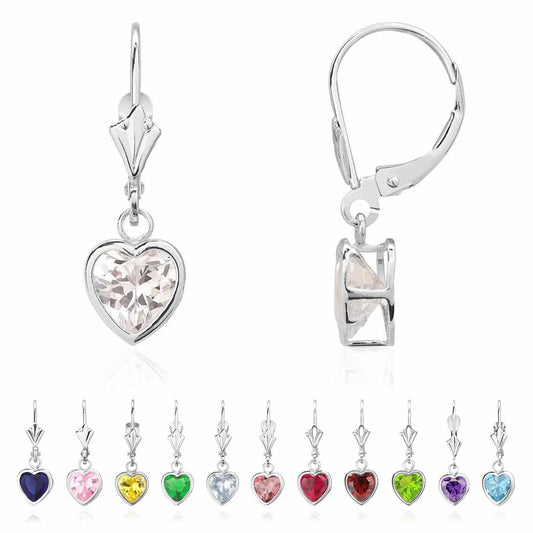 14K White Gold 7mm Bezel Shaped Birthstone Leverback Dangle Earrings