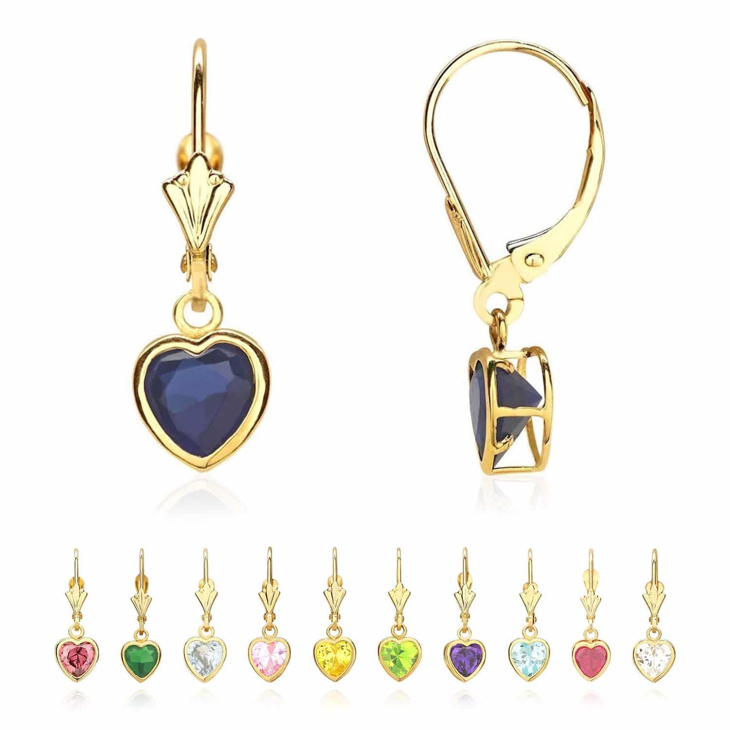 14K Yellow Gold Bezel Set Heart Shaped Birthstone Dangle Leverback Earrings