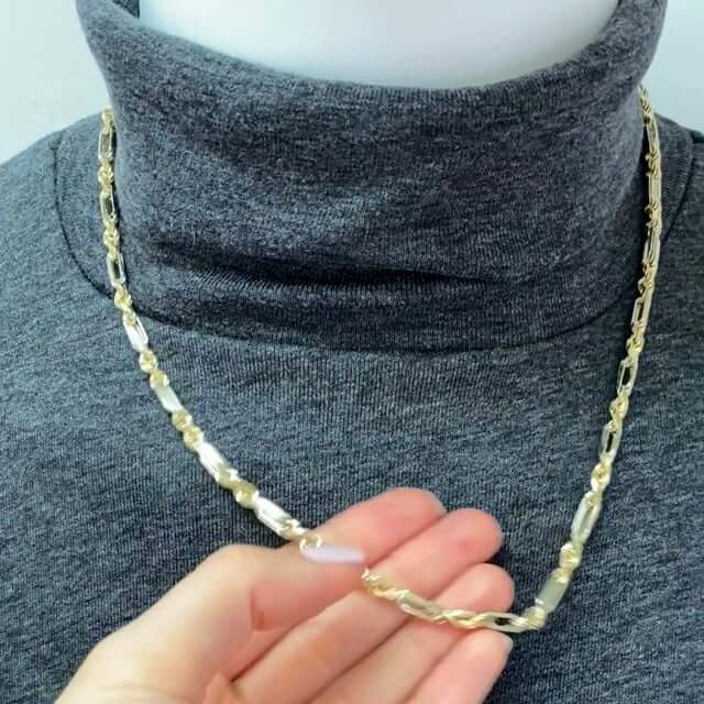 Solid 14K Two-Tone Gold 4mm Milano Figaro Rope Chain Necklace 20"-26"