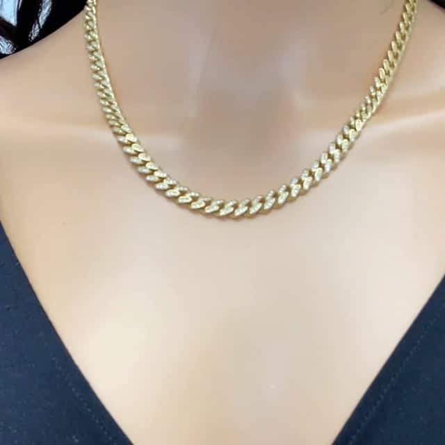 14K Gold CZ Pave 7mm Miami Cuban Chain Necklace 18"-20"