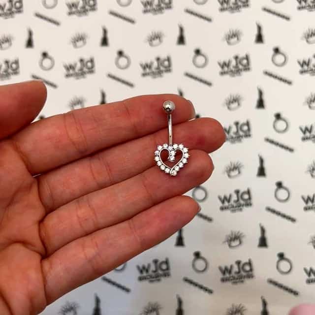 14K Real Gold White CZ Open Heart Belly Button Navel Ring