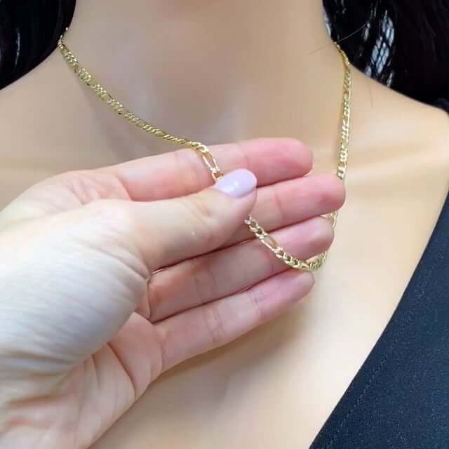 Solid 18K Gold Over Silver 3.5mm Diamond-Cut Pave Figaro Chain Necklace 16"-30"