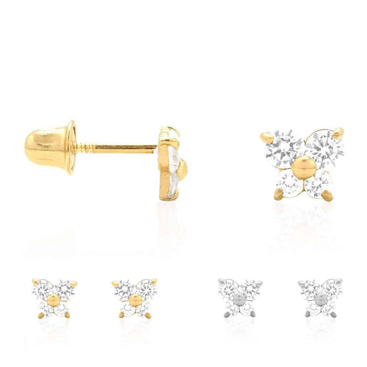 14K Yellow White Gold CZ Butterfly Baby Screw Back Stud Earrings