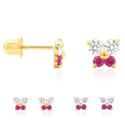 Kids 14K Yellow White Gold CZ Ruby Butterfly Stud Earrings