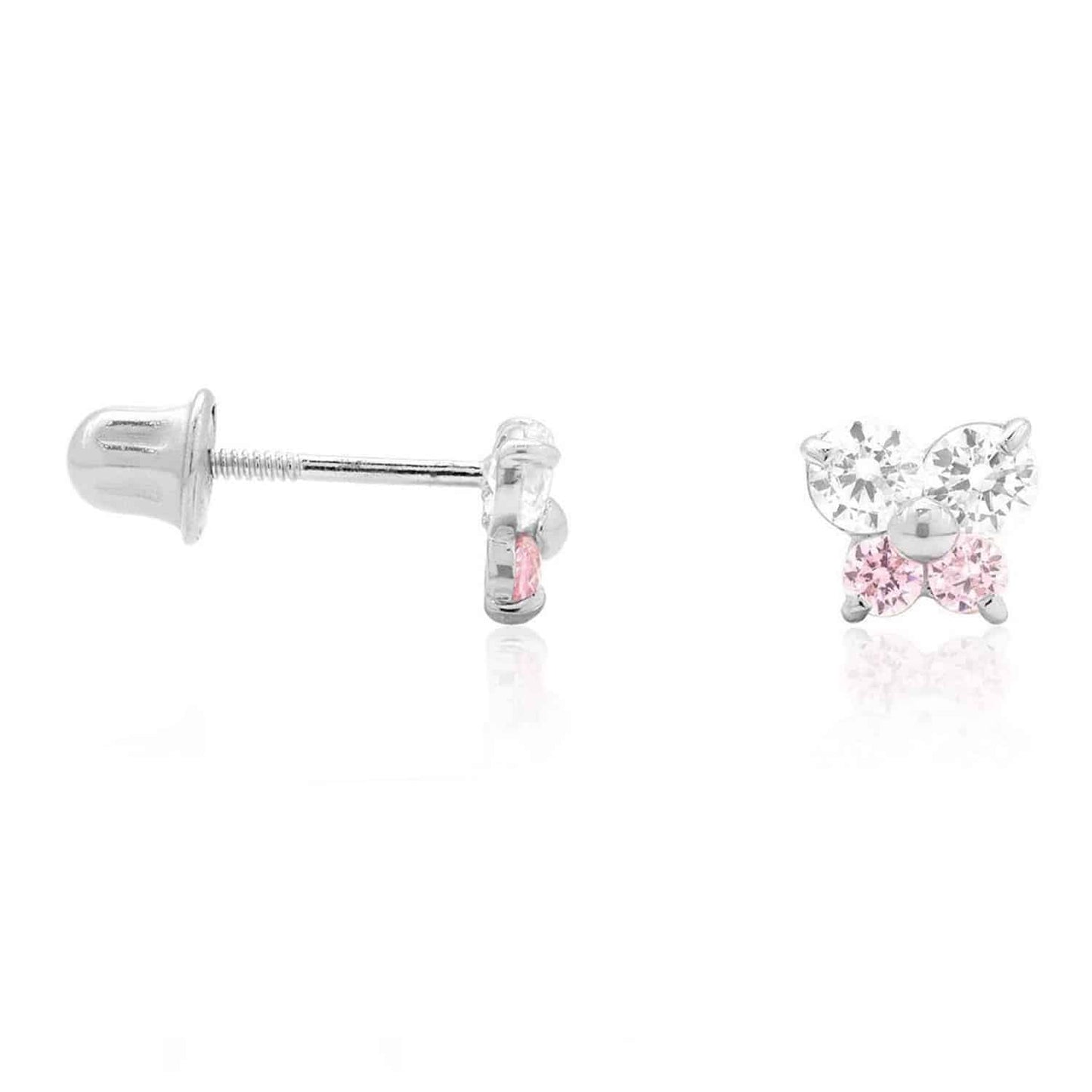 14K Yellow White Gold CZ Pink Tourmaline Butterfly Stud Earrings