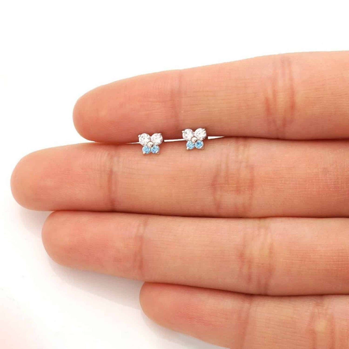 Kid's 14K Yellow White Gold CZ Blue Topaz Butterfly Stud Earrings