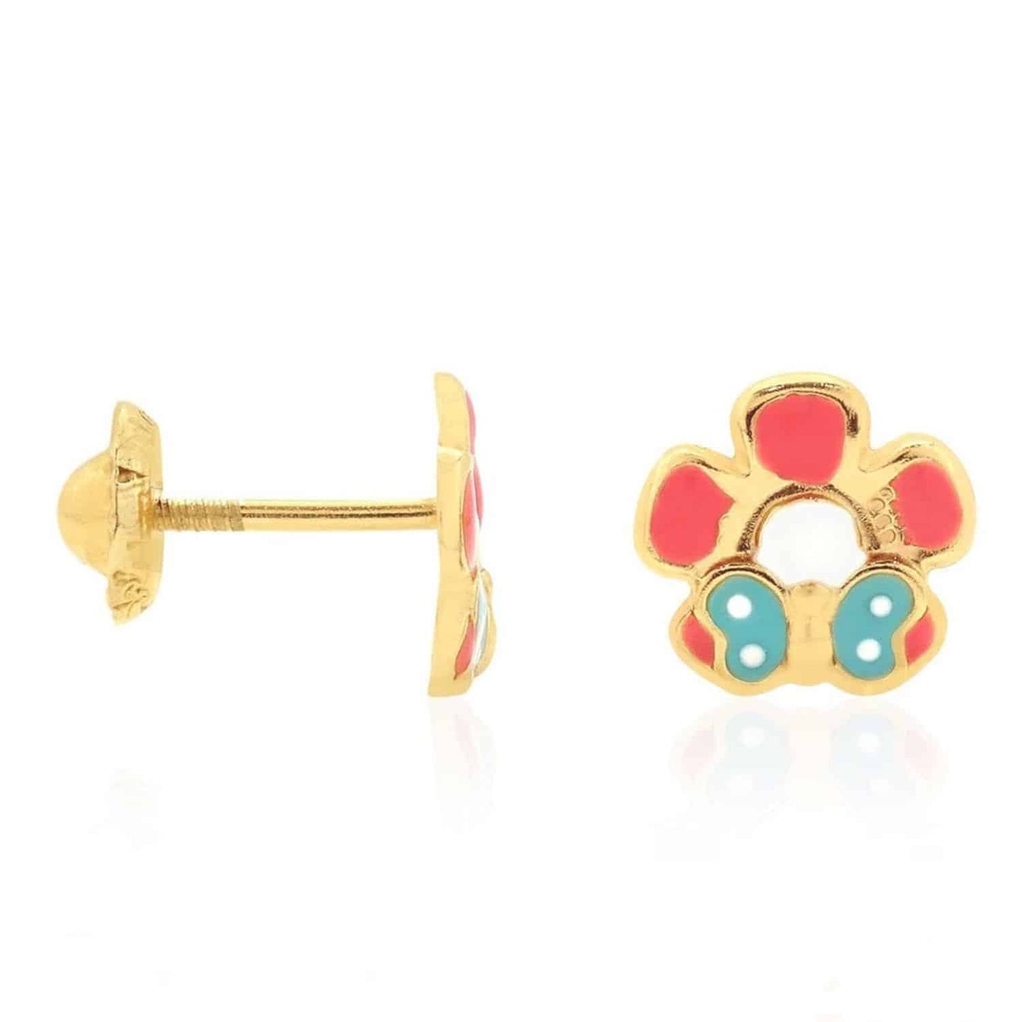 Kid's 14K Yellow Gold Enamel Butterfly & Flower Screw Back Stud Earrings
