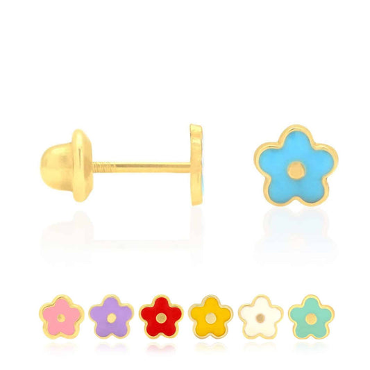 Kids 14K Gold Pink Blue Green Red White Purple Yellow Flower Stud Earrings