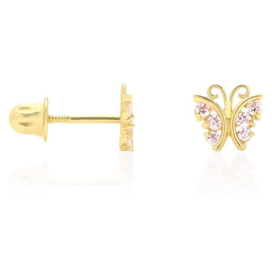 Pink Tourmaline Butterfly Baby Screw Back Stud Kid Earrings 14K Real Yellow Gold